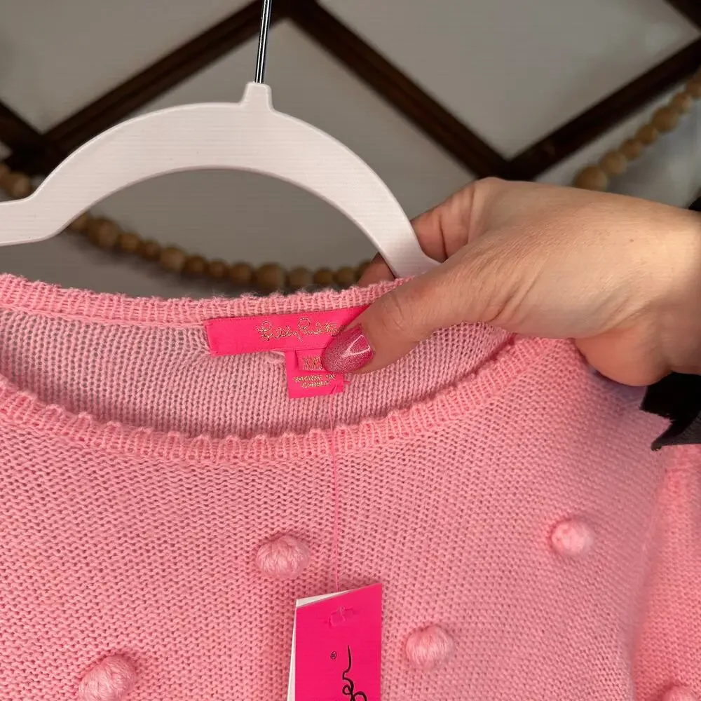 NEW Lilly Pulitzer Kippa Pink Blossom Pom Embellished Puff Sleeve Sweater - Picture 3 of 5